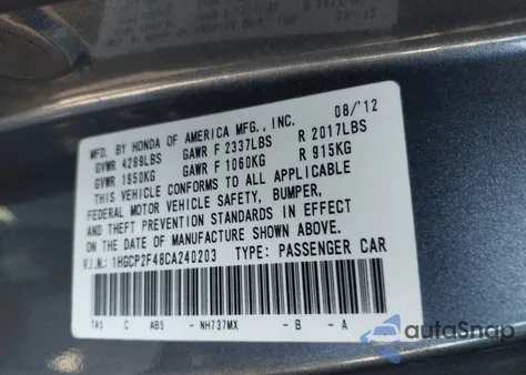 2012 Honda Accord 2.4 Lx-P из США, поврежденный, VIN 1HGCP2F48CA240203